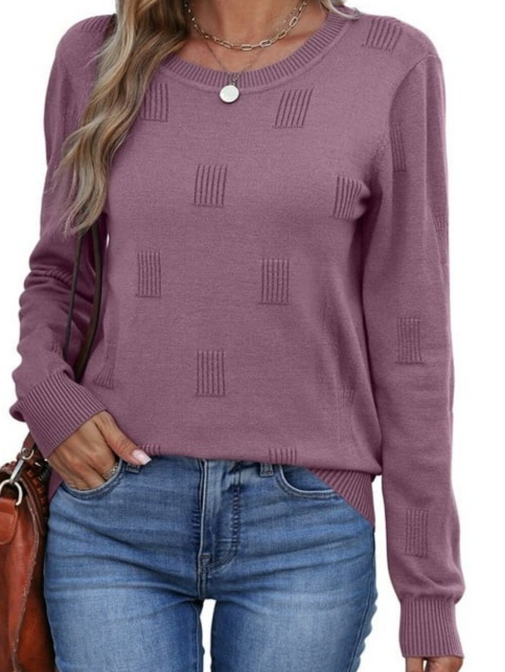 Women's Lavender Crewneck Sweater with Subtle Square Knit Detail